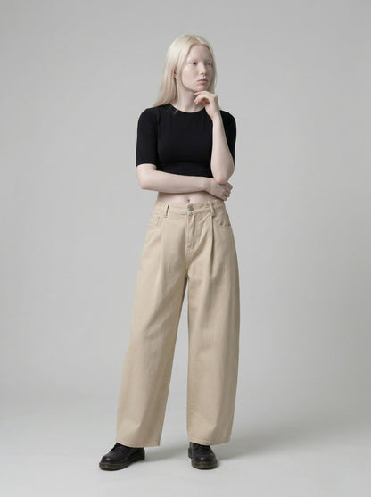 DAXUEN Beige high-waisted wide leg trousers — model photo