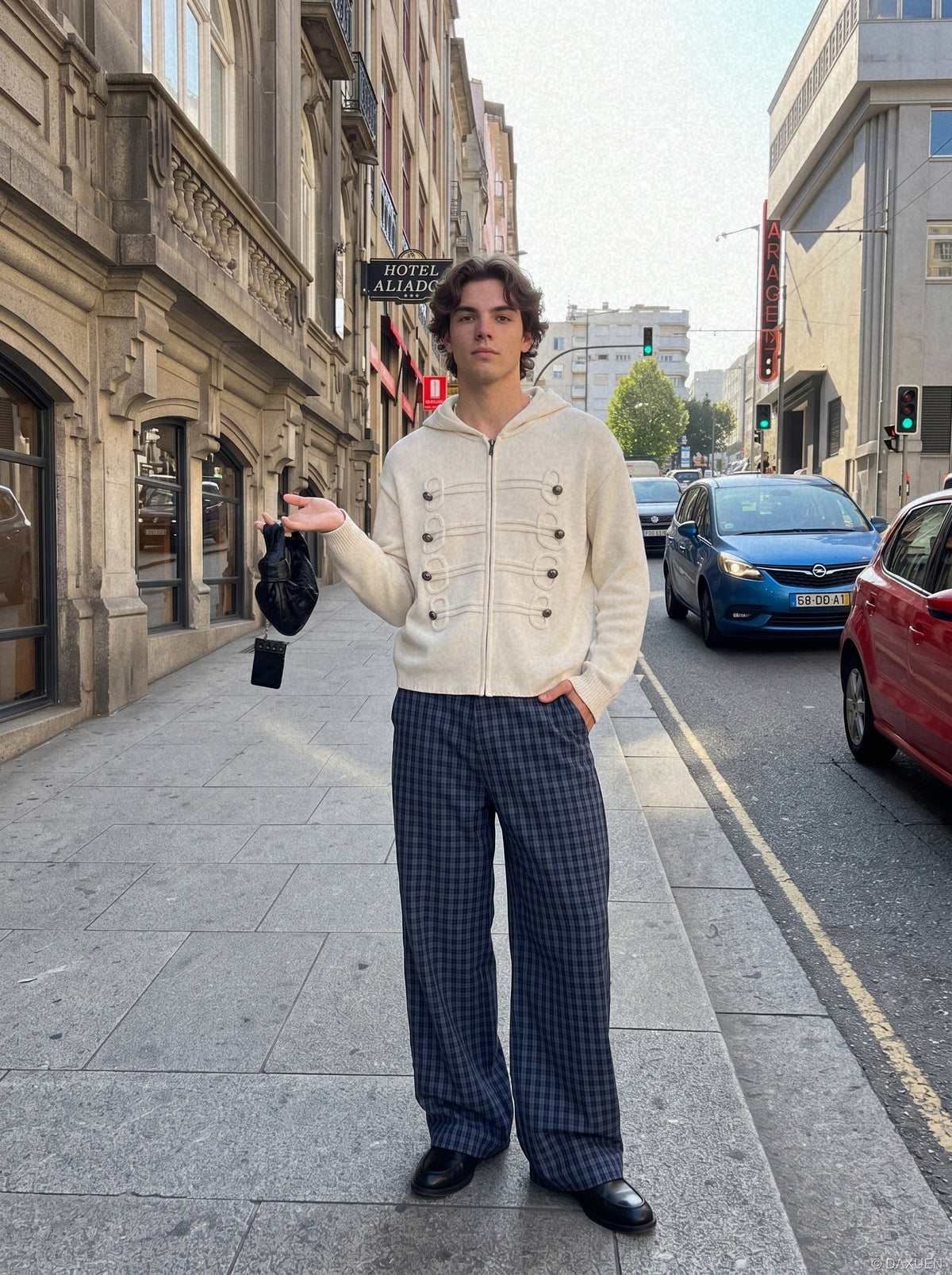 DAXUEN beige hooded cardigan with decorative buttons — model photo