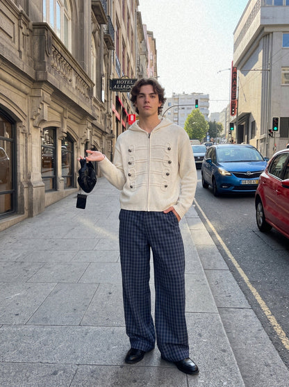 DAXUEN beige hooded cardigan with decorative buttons — model photo