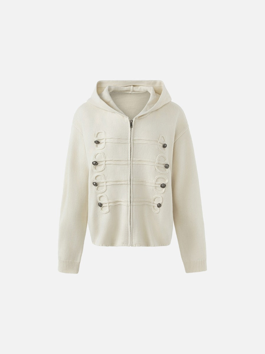 Beige Hooded Cardigan with Decorative Buttons