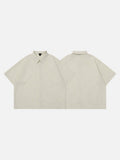 DAXUEN Beige oversized short-sleeve button-up shirt — model photo