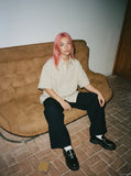 DAXUEN Beige oversized short-sleeve button-up shirt — model photo