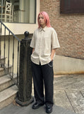 DAXUEN Beige oversized short-sleeve button-up shirt — model photo