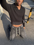 Black Cable Knit Sweater with Embroidery