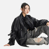 DAXUEN black crocodile-embossed faux leather jacket