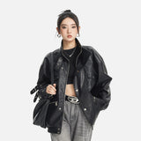DAXUEN black crocodile-embossed faux leather jacket