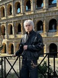 DAXUEN black crocodile-embossed faux leather jacket — model photo