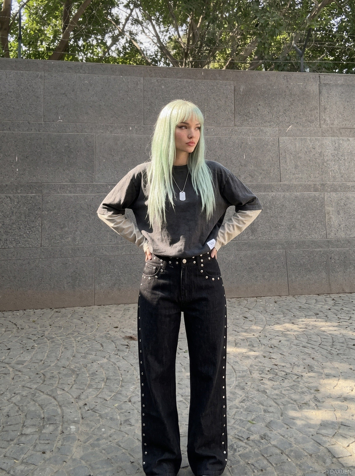DAXUEN black wide-leg jeans with stud embellishments and star patches — model photo
