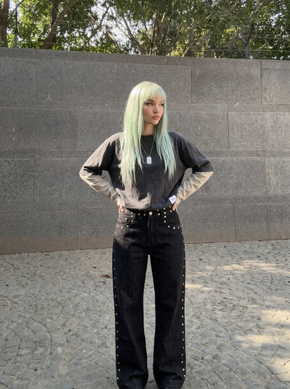 DAXUEN black wide-leg jeans with stud embellishments and star patches — model photo