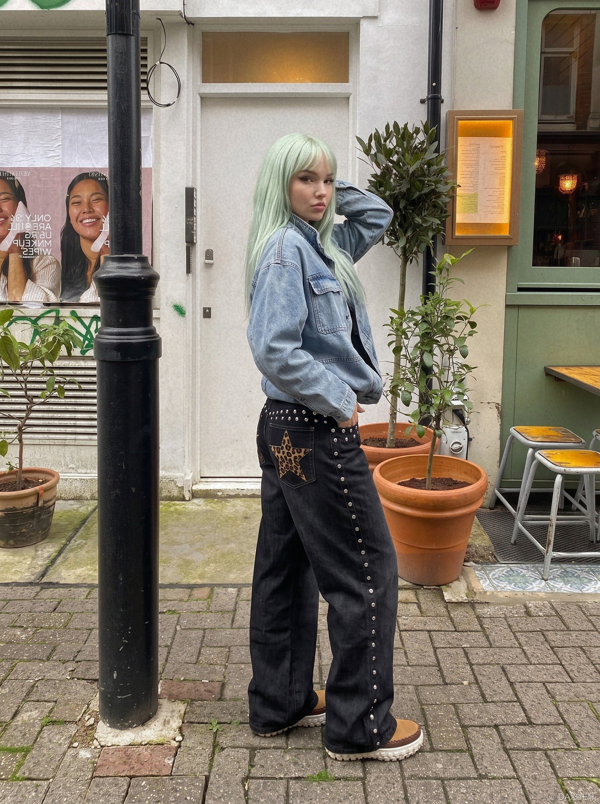 DAXUEN black wide-leg jeans with stud embellishments and star patches — model photo