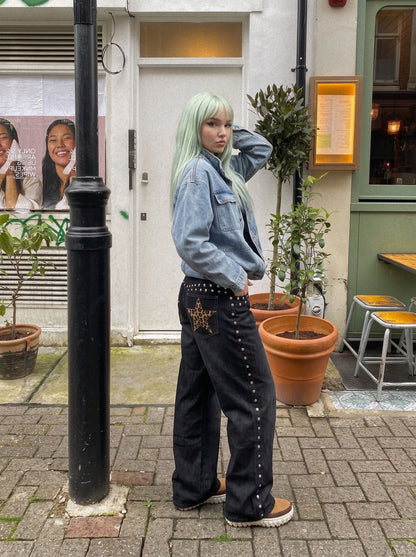 DAXUEN black wide-leg jeans with stud embellishments and star patches — model photo
