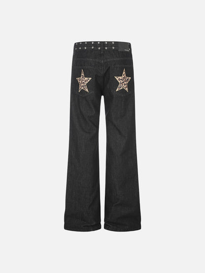 DAXUEN black wide-leg jeans with stud embellishments and star patches