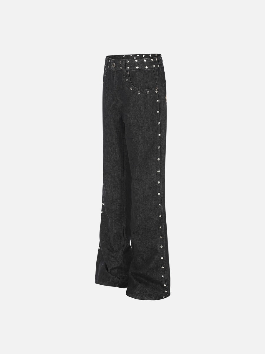 DAXUEN black wide-leg jeans with stud embellishments and star patches