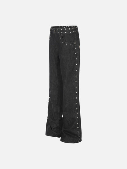 DAXUEN black wide-leg jeans with stud embellishments and star patches