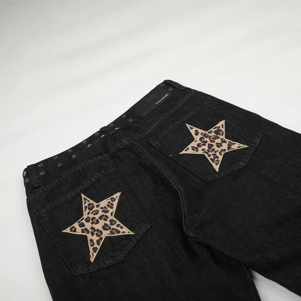 DAXUEN black wide-leg jeans with stud embellishments and star patches