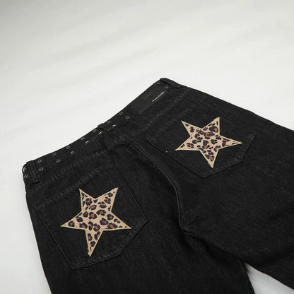 DAXUEN black wide-leg jeans with stud embellishments and star patches