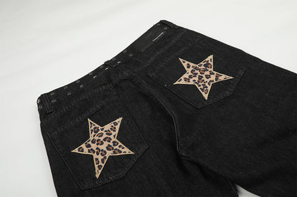 DAXUEN black wide-leg jeans with stud embellishments and star patches