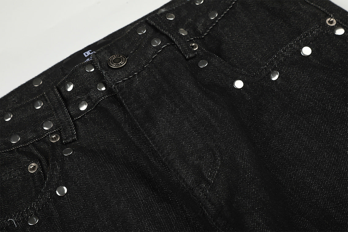 DAXUEN black wide-leg jeans with stud embellishments and star patches