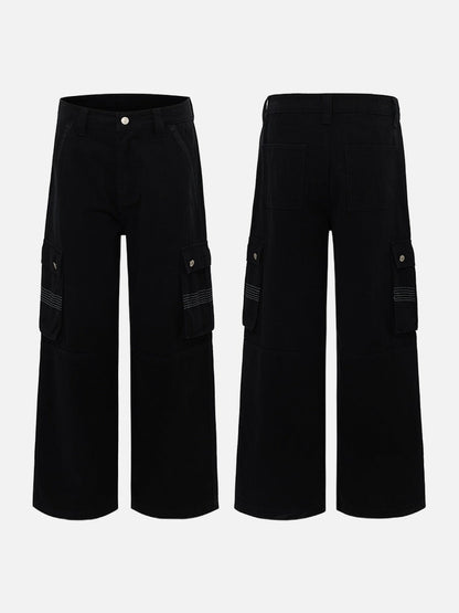 Black Wide-Leg Cargo Pants with Flap Pockets