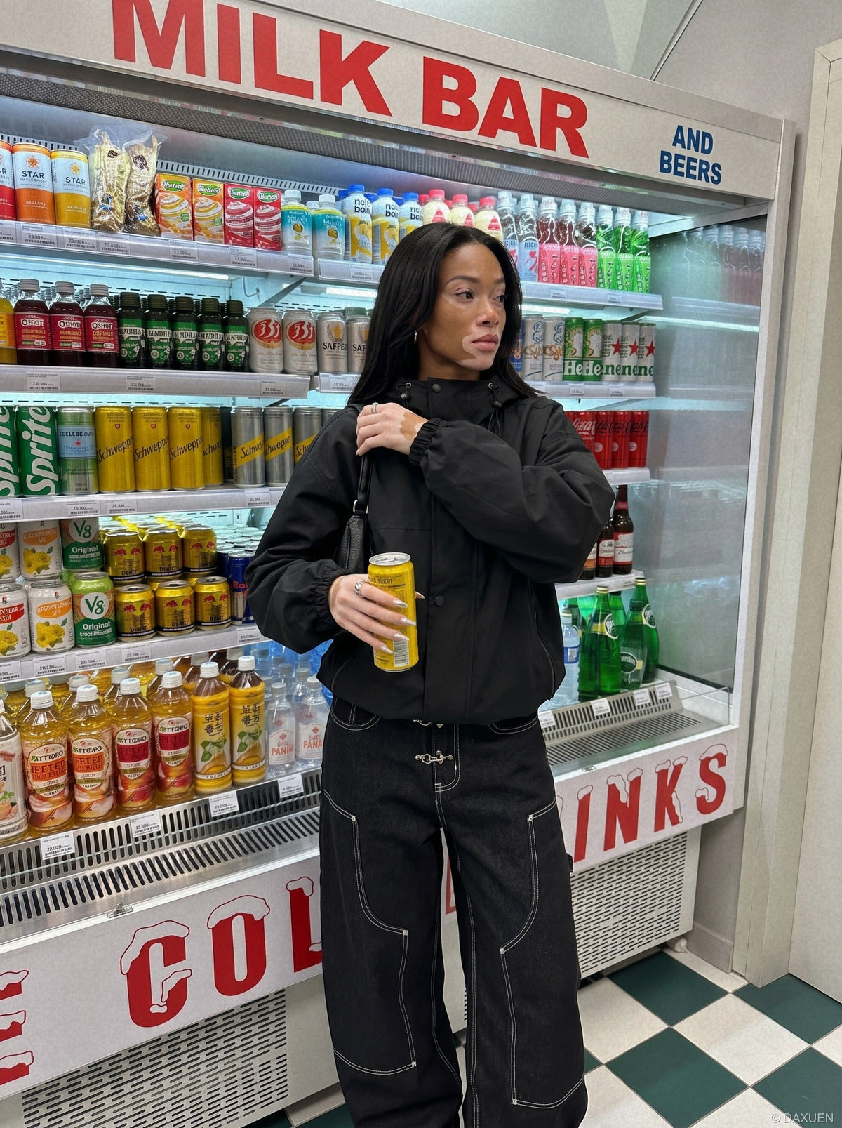 DAXUEN black wide-leg denim jeans with unique closure — model photo