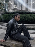 DAXUEN black wide-leg denim jeans with unique closure — model photo
