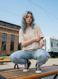 DAXUEN Oversized Apple Core Graphic Tee — model photo