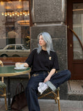 DAXUEN Oversized Apple Core Graphic Tee — model photo