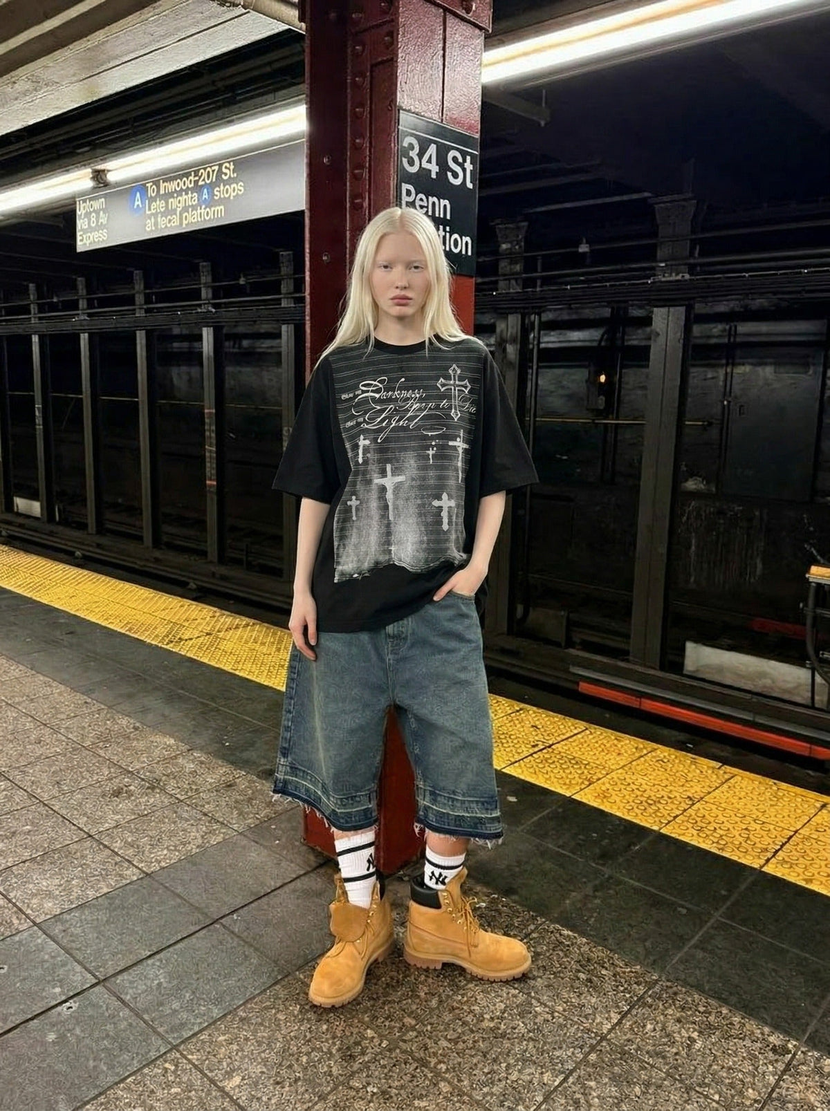 DAXUEN Oversized short-sleeved graphic T-shirt in black or white — model photo