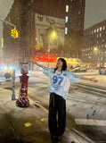 DAXUEN white and light blue striped oversized jersey tee with graphic — model photo