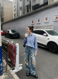DAXUEN blue and white grid pattern long-sleeved shirt — model photo