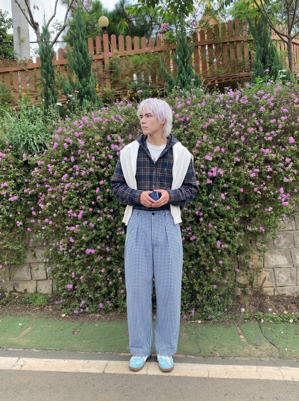 DAXUEN Blue and white wide-leg trousers with gingham pattern — model photo