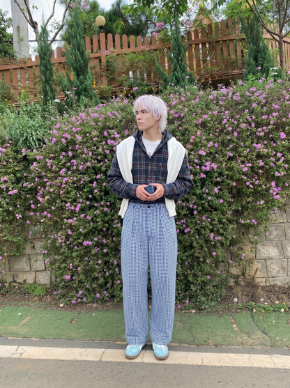 DAXUEN Blue and white wide-leg trousers with gingham pattern — model photo