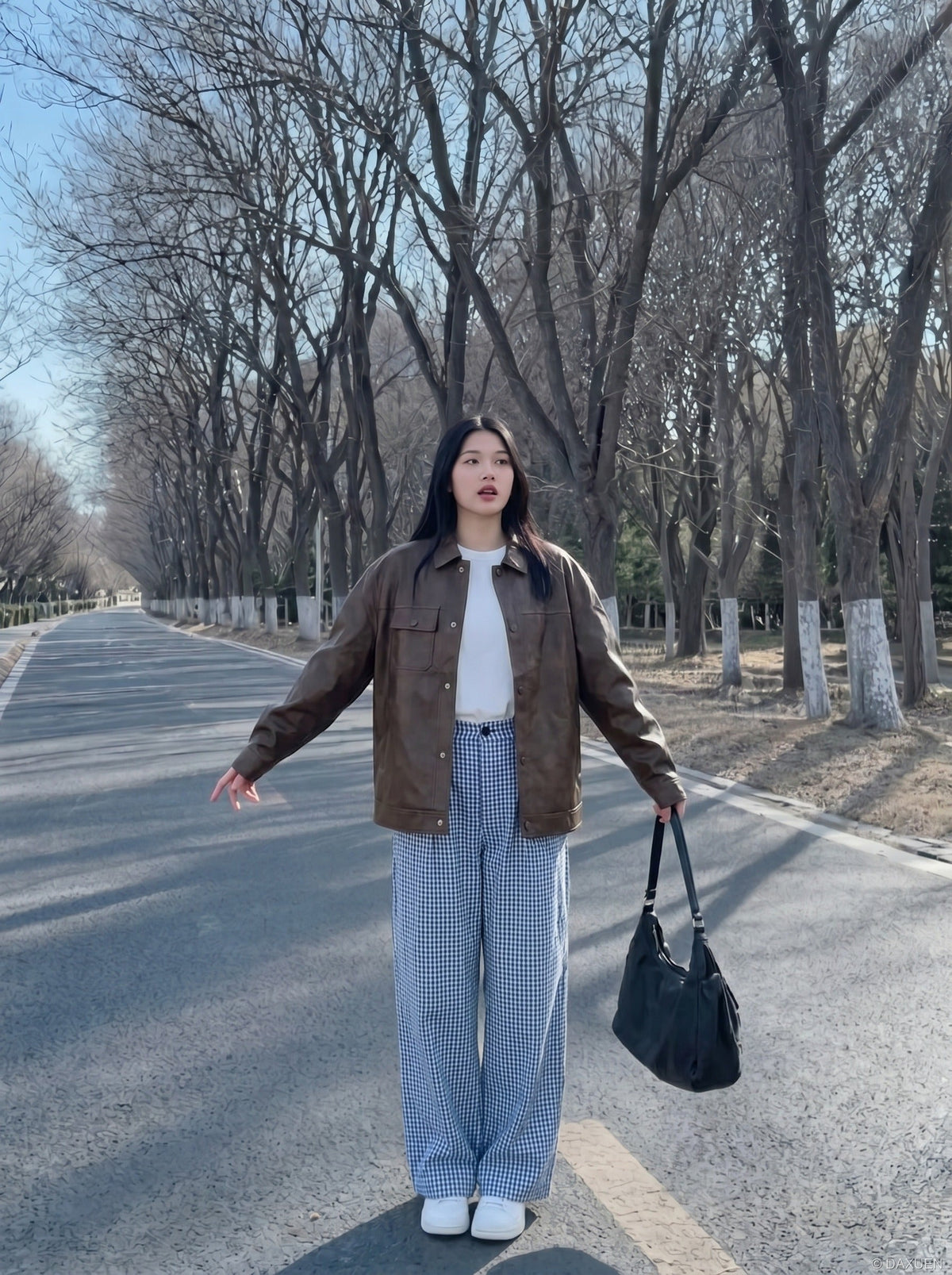 DAXUEN Blue and white wide-leg trousers with gingham pattern — model photo