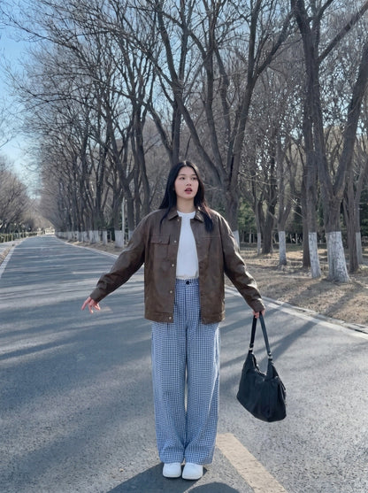 DAXUEN Blue and white wide-leg trousers with gingham pattern — model photo