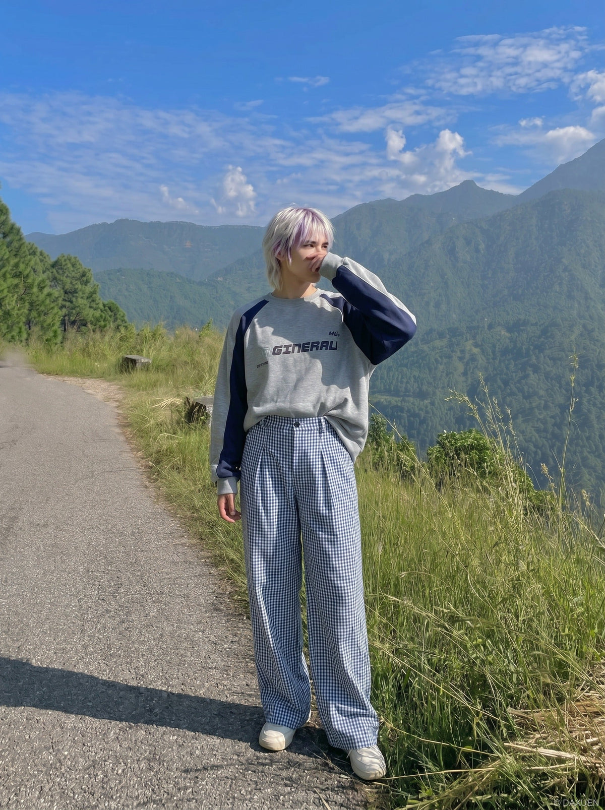 DAXUEN Blue and white wide-leg trousers with gingham pattern — model photo