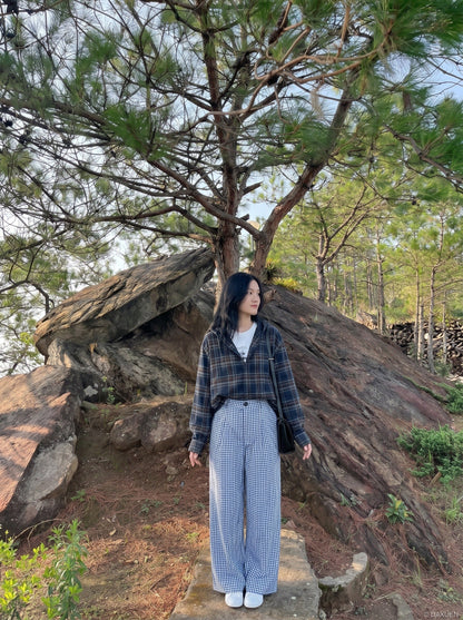 DAXUEN Blue and white wide-leg trousers with gingham pattern — model photo