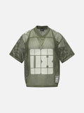 DAXUEN olive green oversized '08' graphic mesh football jersey