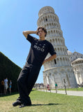 DAXUEN black bold 'a b o' graphic short-sleeve T-shirt — model photo