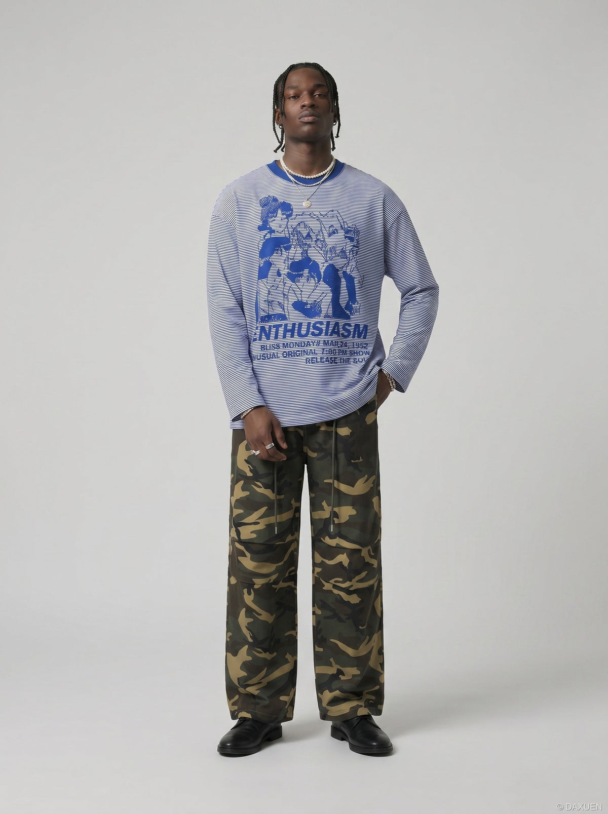 DAXUEN white oversized animated-characters graphic long-sleeve tee — model photo
