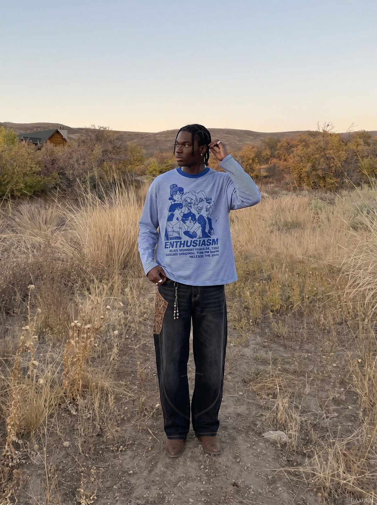DAXUEN white oversized animated-characters graphic long-sleeve tee — model photo