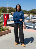 DAXUEN dark blue bold back graphic long-sleeved crew top — model photo