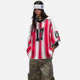 DAXUEN red and white striped oversized knit top with black '17' graphic