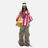 DAXUEN red and white striped oversized knit top with black '17' graphic