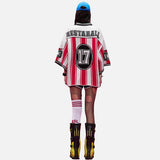 DAXUEN red and white striped oversized knit top with black '17' graphic