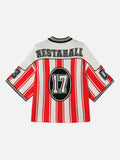 DAXUEN red and white striped oversized knit top with black '17' graphic