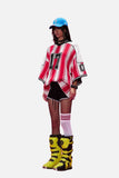 DAXUEN red and white striped oversized knit top with black '17' graphic