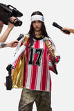 DAXUEN red and white striped oversized knit top with black '17' graphic