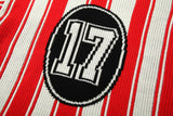 DAXUEN red and white striped oversized knit top with black '17' graphic