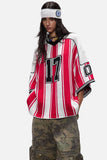 DAXUEN red and white striped oversized knit top with black '17' graphic