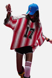 DAXUEN red and white striped oversized knit top with black '17' graphic